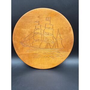 VTG Hand Turned Wooden Charger Plate Engraved Clipper Ship Nautical Decor 16”